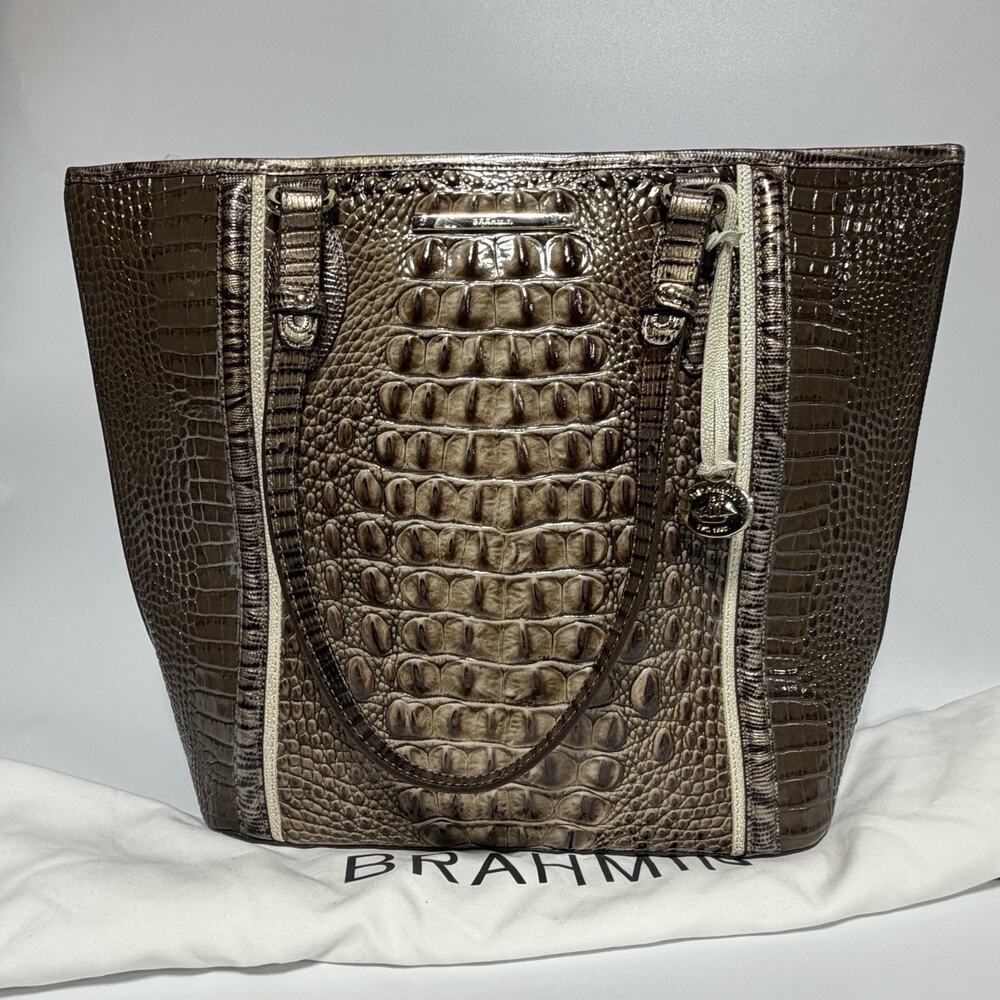 Brahmin Asher Leather Tote Purse Large Embossed Croc Brown Elmwood Padua 15"